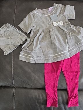 NWT Tahari Gray Dress with White Bow Accent, Pink/Gold Leggings